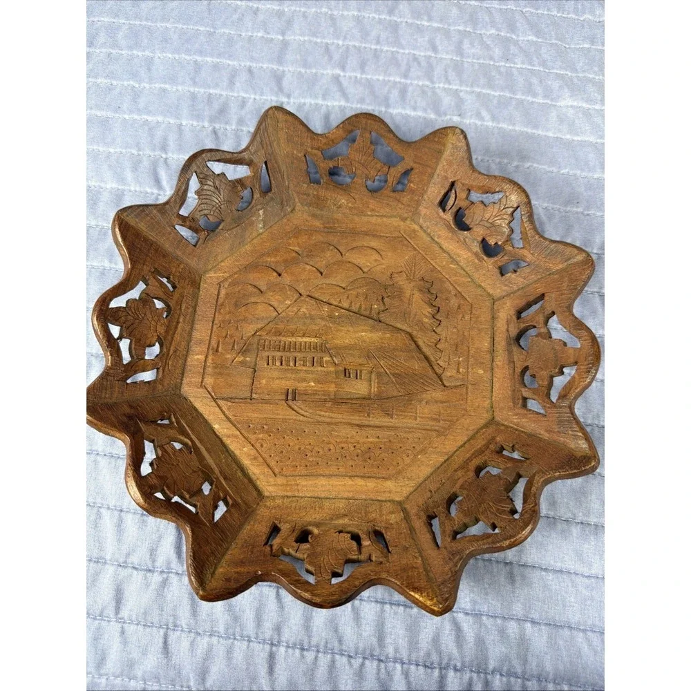 Vintage Carved Wood Octagonal Serving Tray 10.5